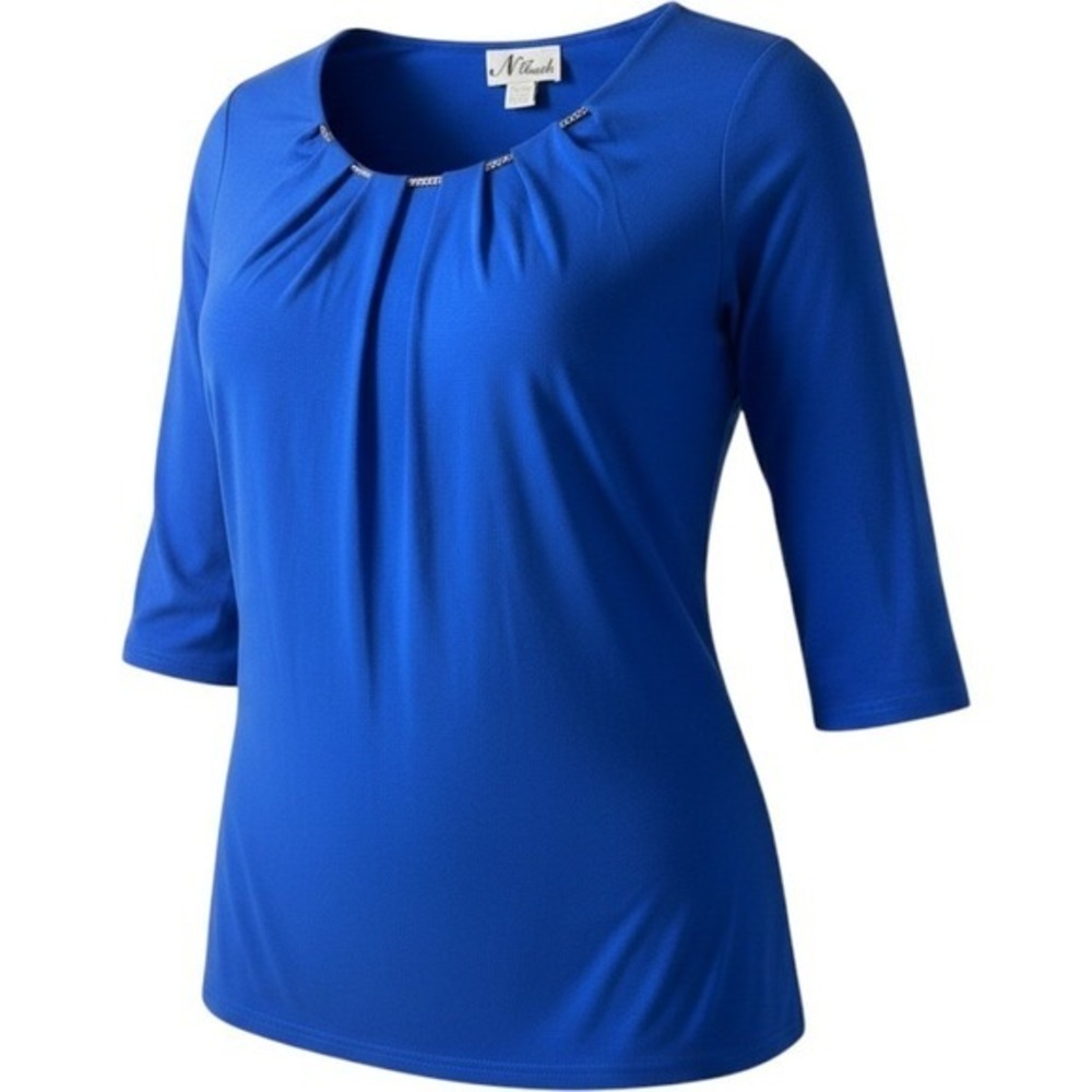 N Touch Top Womens XL Royal Blue Pleated Chain Neck 3/4 Sleeve Blouse